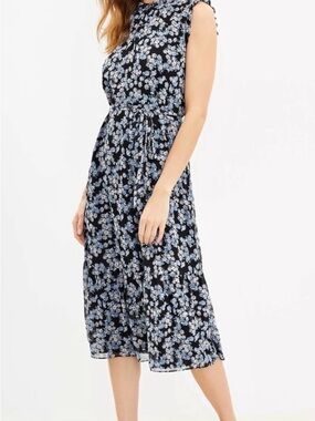 EUC LOFT Navy Midi Dress with Light Blue Floral Print